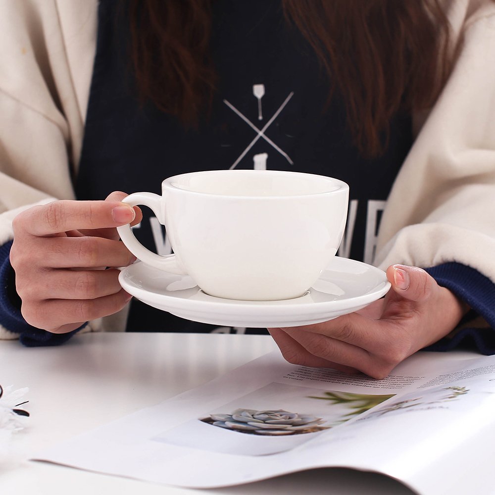 Coffeezone Cappuccino Barista Cup And Saucer Latte Art & Americano, New Bone China Coffee Shop Use (Glossy White, 8.5 Oz)