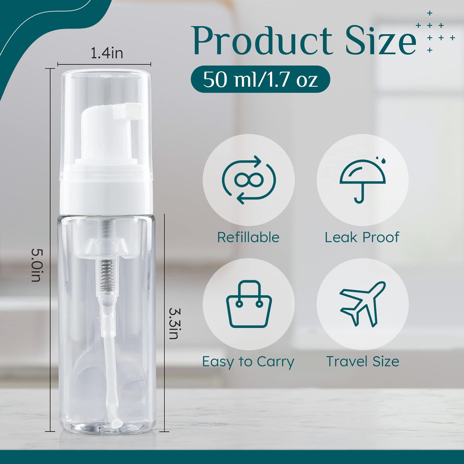Raynag 2 Pack Foam Pump Bottles Foamer Bottle Mini Travel Size Soap Dispenser Mini Clear Bottles Plastic Pump Bottle, 50 Ml/1.7