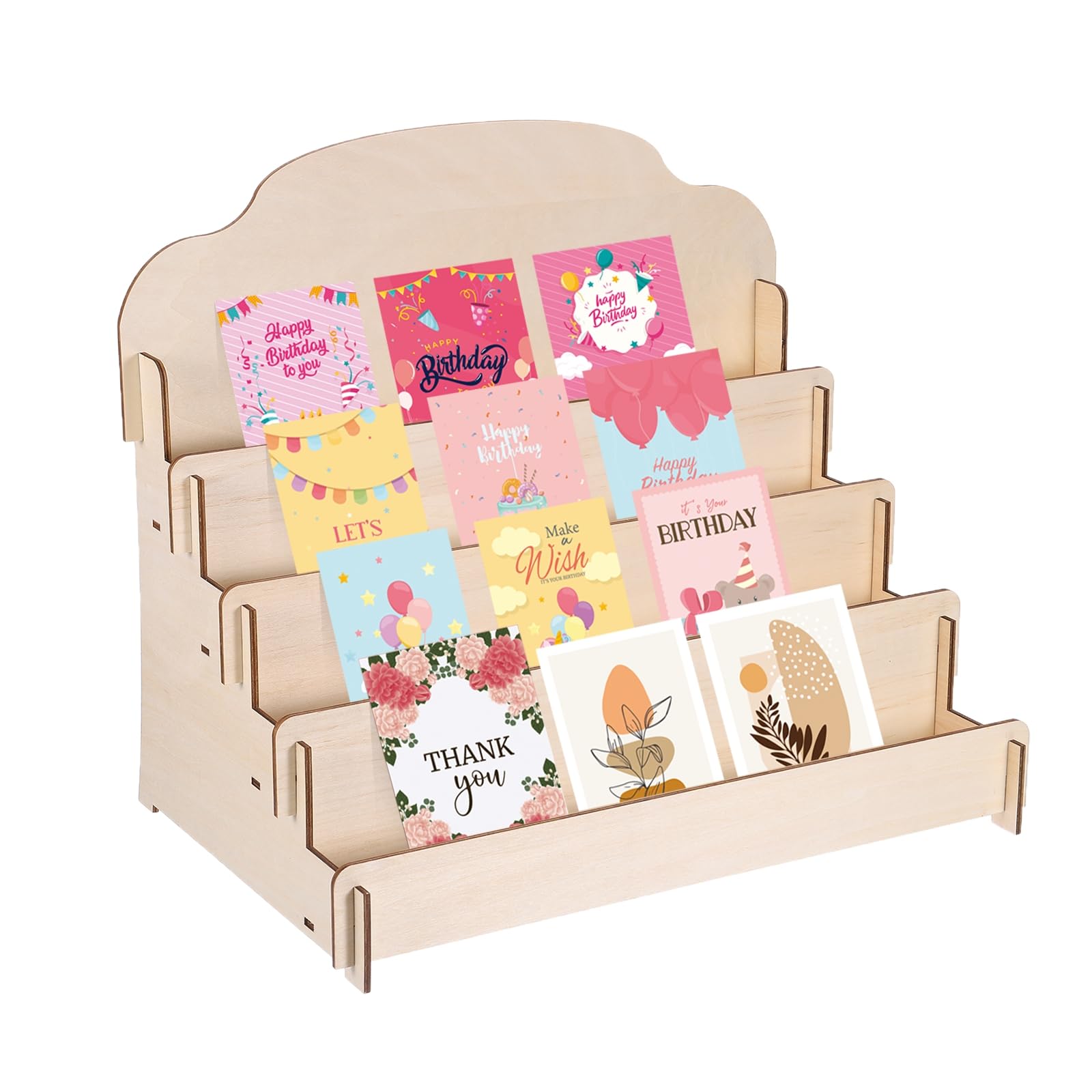 Patikil Greeting Card Display Stand, 4 Tiered Sticker Display Holder Portable Postcard Display Stand Wooden Greeting Card Displa