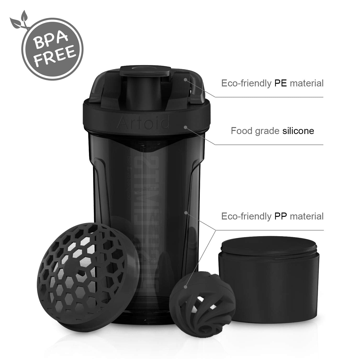 Artoid Mode Inspirational Fitness Workout Sports Protein Shaker Bottle 24-Ounce, Dual Mixing Technology With Shaker Balls & Mixi