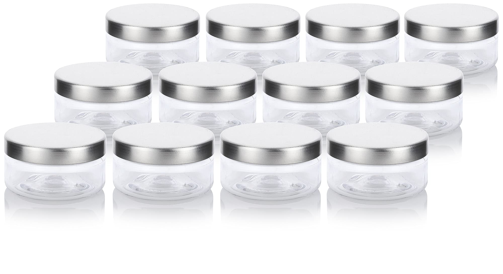 Juvitus Clear Pet Plastic (Bpa Free) Refillable Low Profile Jar With Silver Metal Lid - 2 Oz (12 Pack)