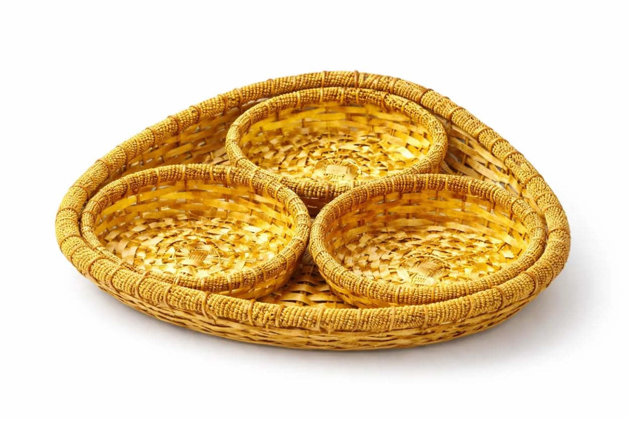 Woven Rattan 3 Section Serving Tray Natural Handcrafted Divided Basket For Dry Fruits Nuts Snacks And Brass Tray For Home Dcor