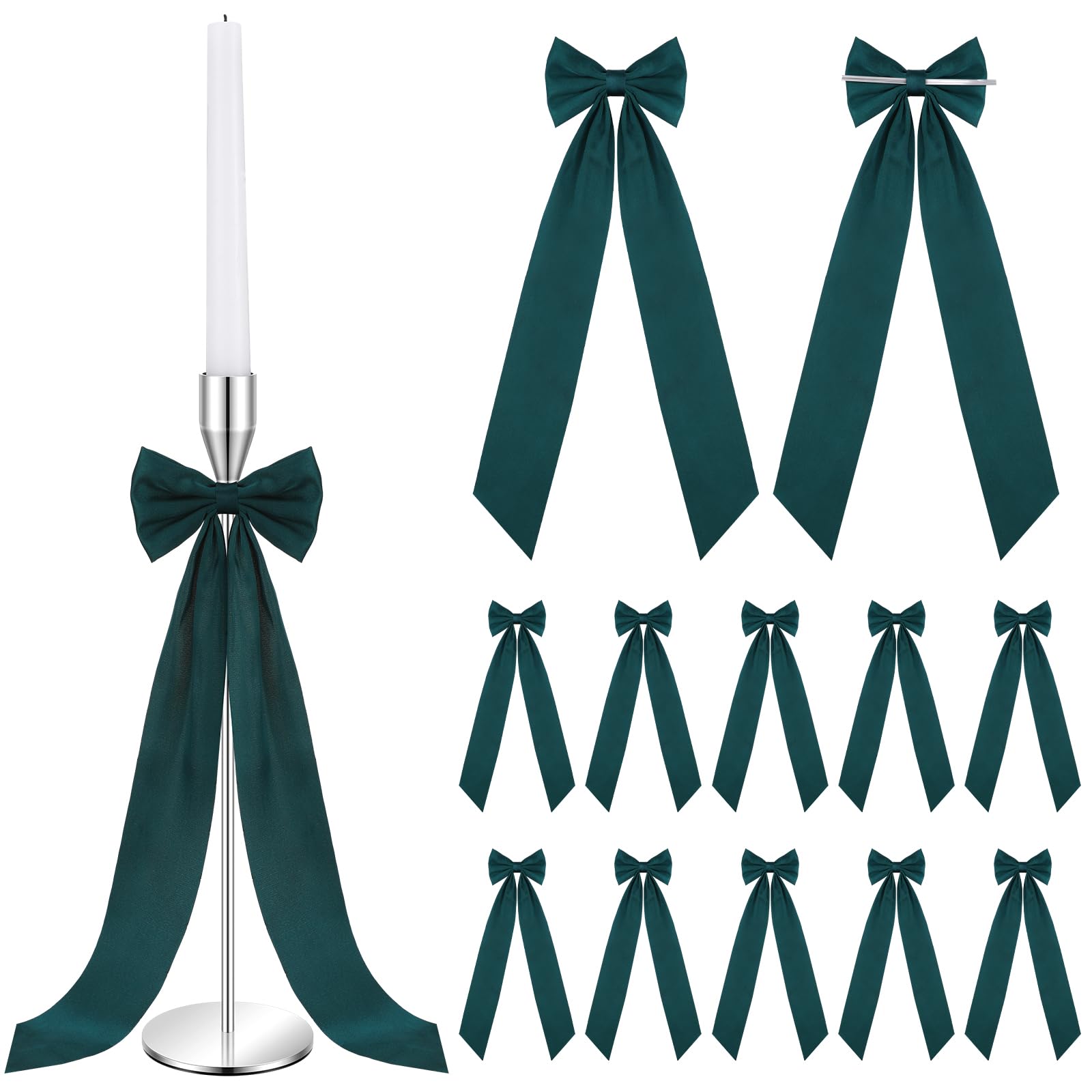 Teenyyou 12 Pcs Green Christmas Candlestick Bows Decor 13 Inch Large Coquette Decorations Bows for Table Self Adhesive Candle Ho