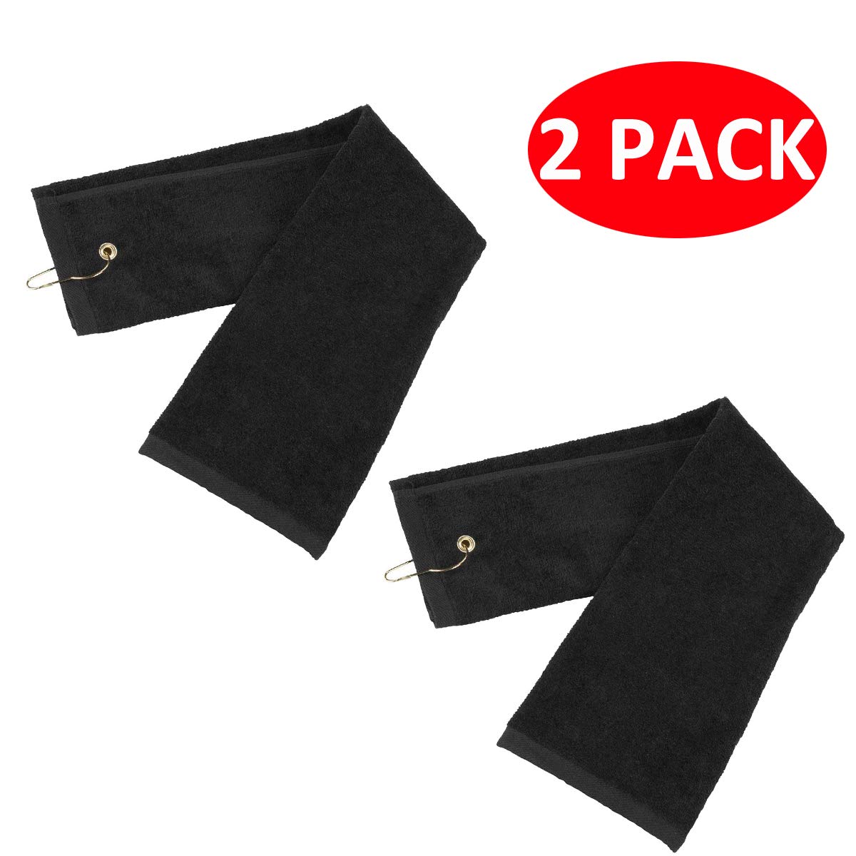 Yuyeran 2 Pack Golf Fold Towel With Metal Carabiner Clip Sports Hiking Black 12Inch X 16Inch