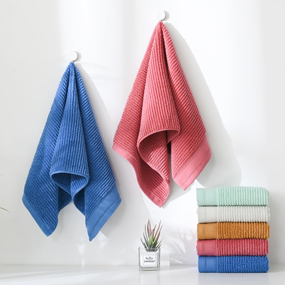 Yiluomo Super Soft Mustard Orange Hand Towel Set Of 2 Ribbed Striped Pattern 100% Cotton Absorbent Decorative Towel For Bathroom