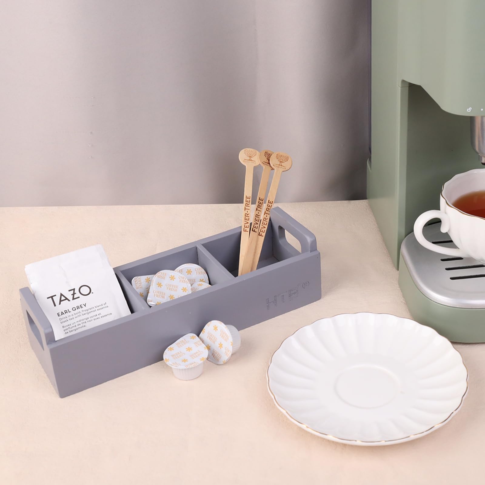 Slim Tea Bag Organizer By Htb, Grey 3 Compartments Tea Box Wooden With Handle For Small Space, Wood Tea Organizer For Tea Bags