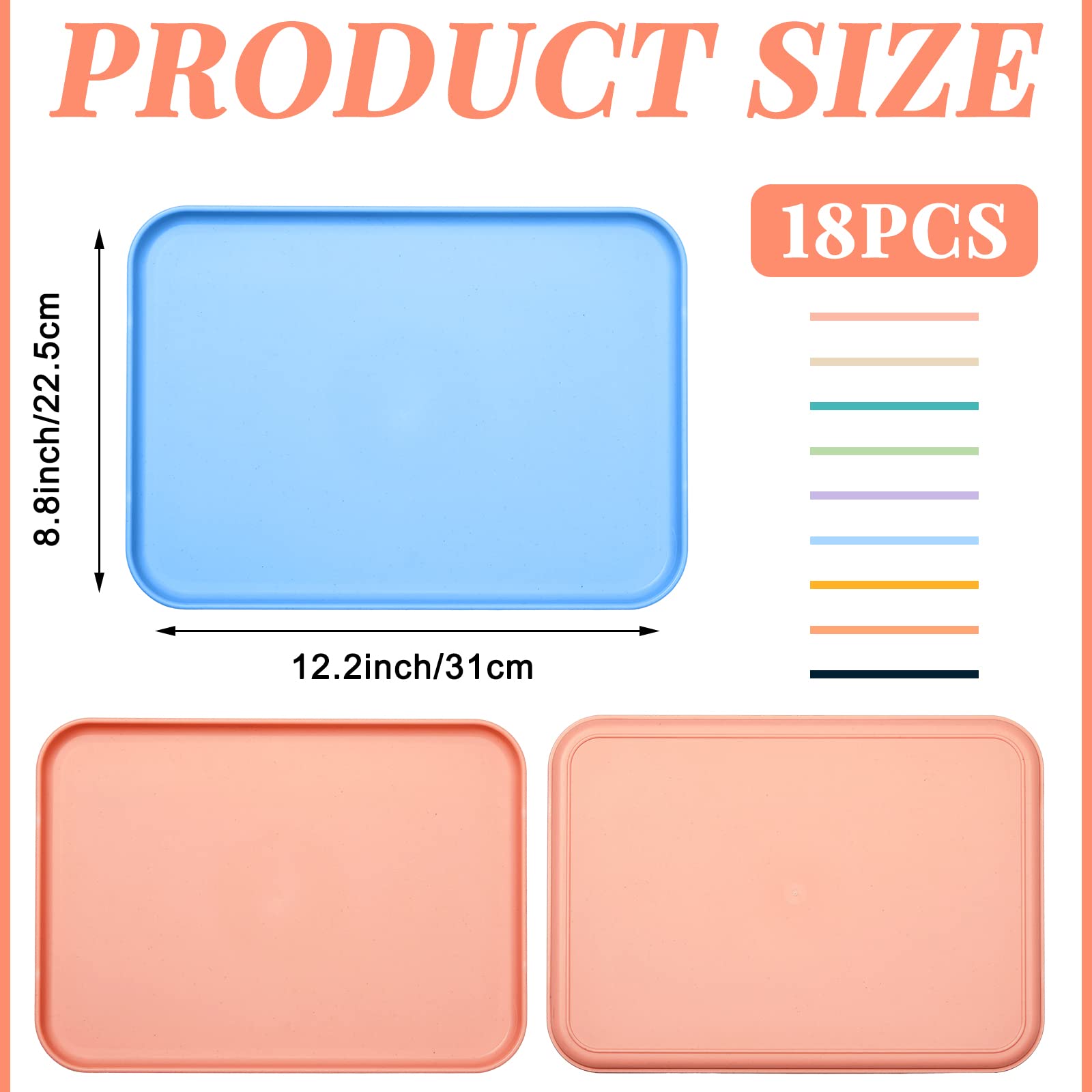 Skylety 18 Pack Plastic Fast Food Trays Bulk Colorful Cafeteria Food Trays Rectangular Serving Trays Lunch Meal Trays For School