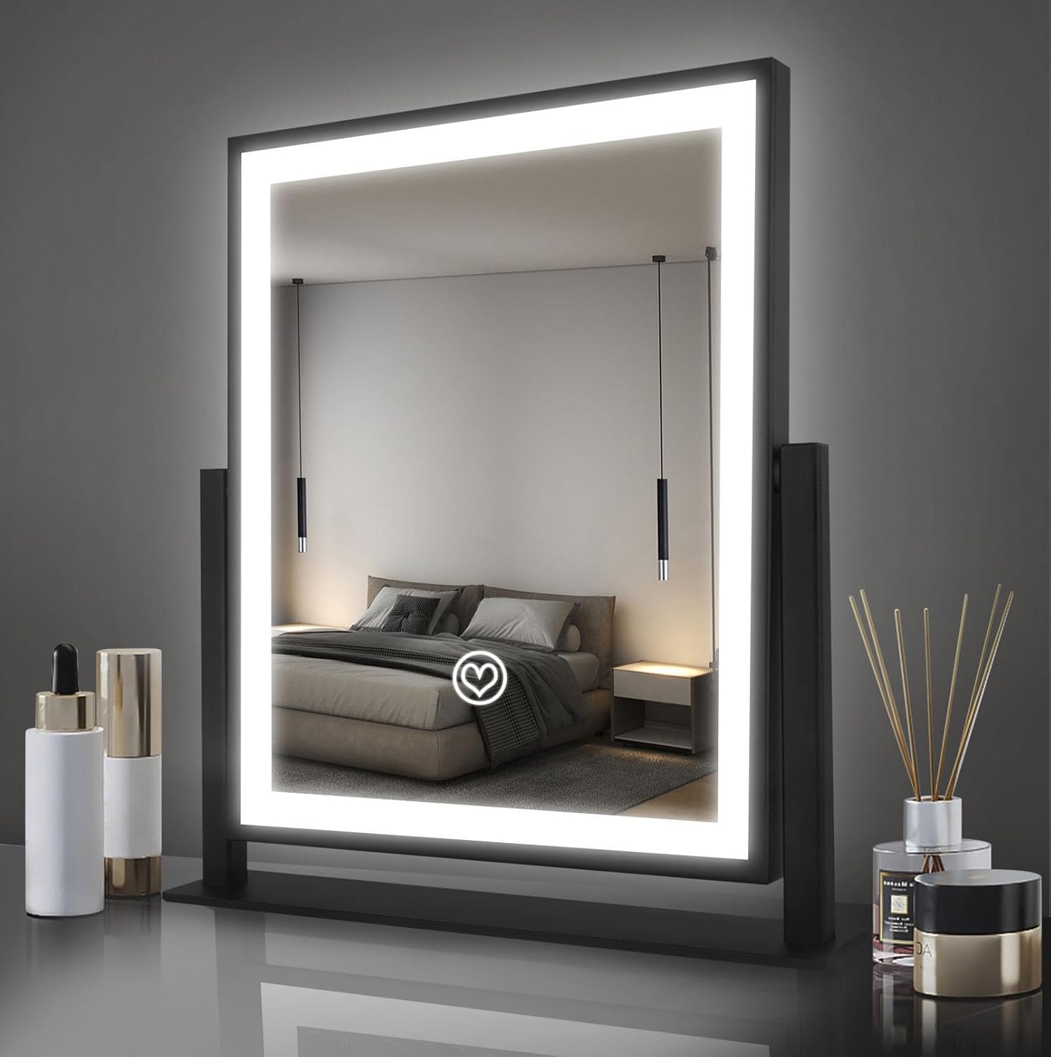 Vanity Mirror with Lights Lighted Hollywood Lighted Makeup Mirror for Desktop with 3 Dimmable Color Modes  Smart Touch Metal Frame 360?atation Gift for Women Girls College Dorm (12in. Black)