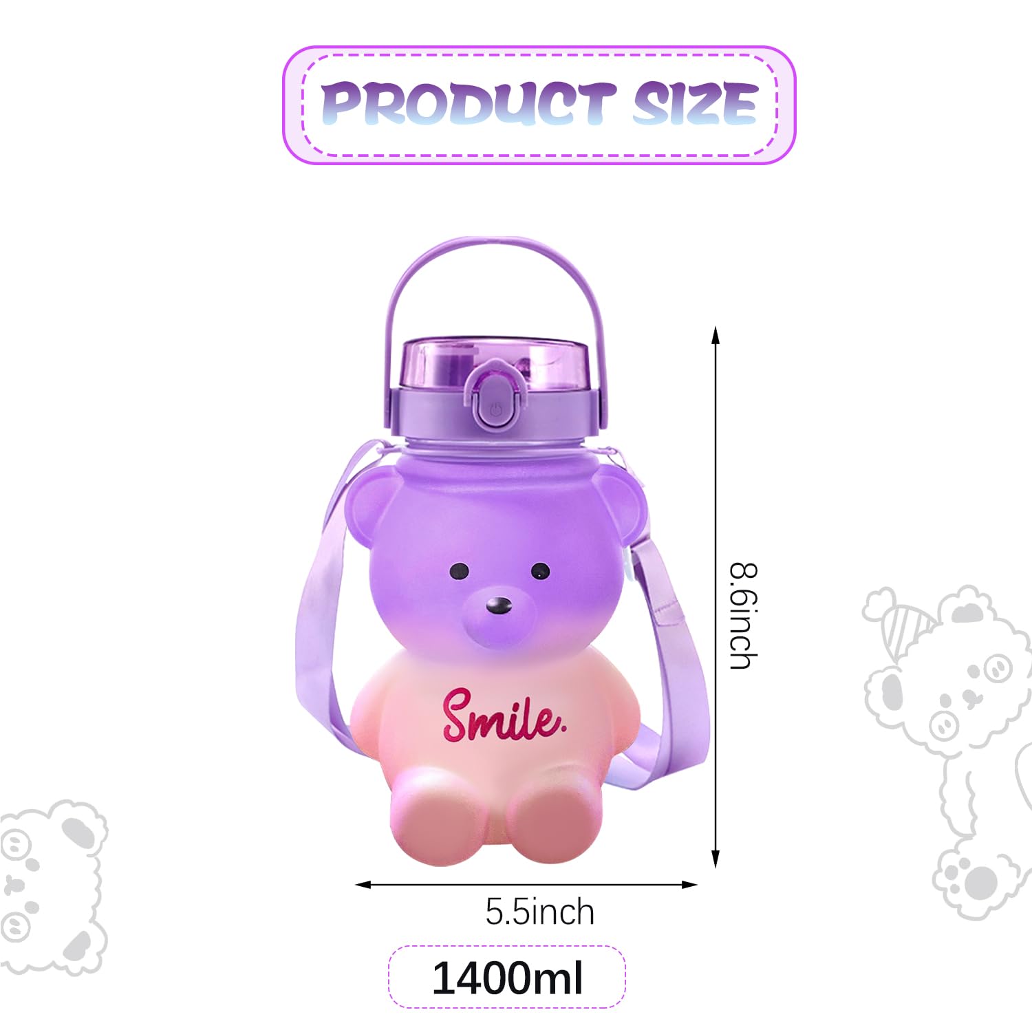 Kawaii Bear Water Bottle With Straw, Bear Water Bottles With Adjustable Strap, Teddy Bear Water Bottles, Cute Water Bottles For