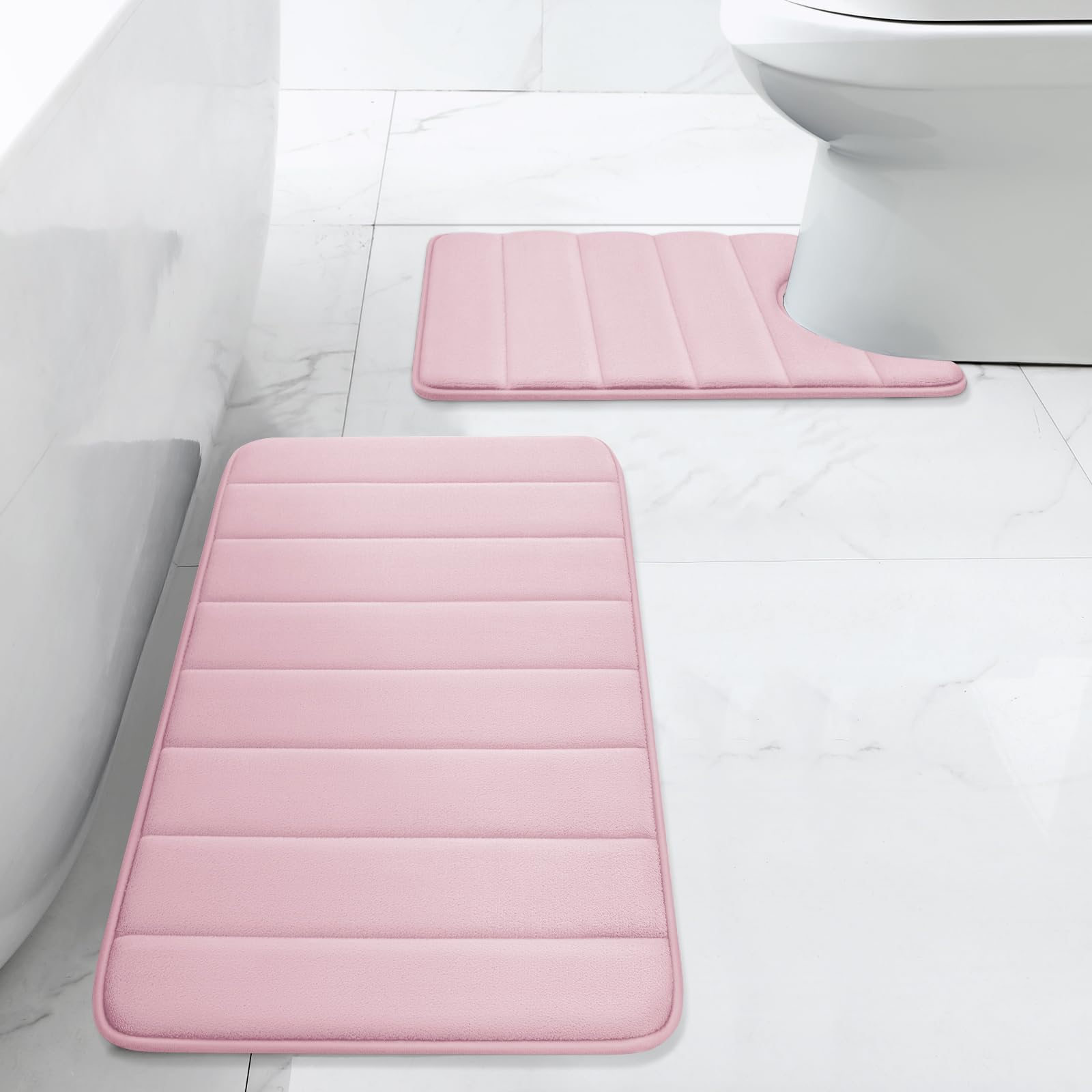 Bysure Bathroom Rugs Sets 2 Piece, Memory Foam Non Slip Extra Soft Absorbent Machine Washable Toilet Bath Mats (Pink, 20X32+U-Sh