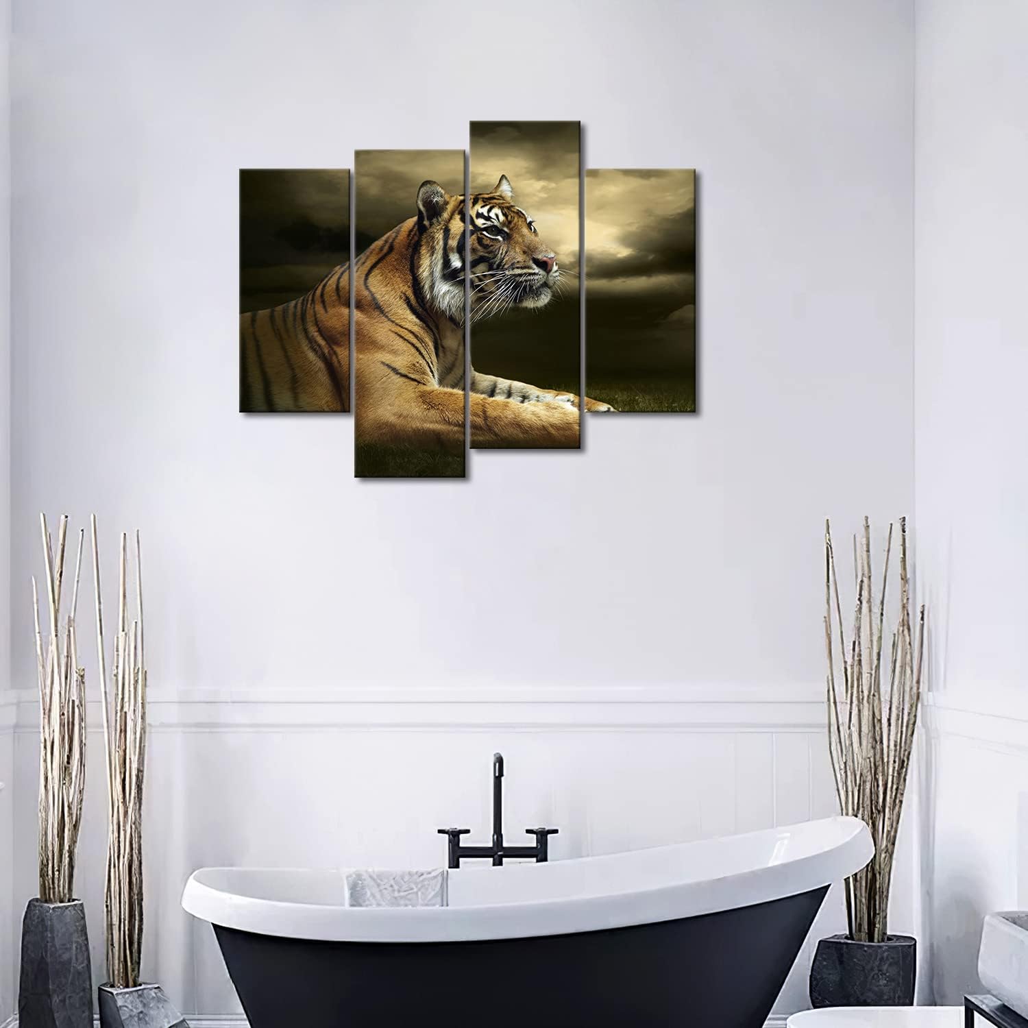 4 Panel Wall Art Tiger Looking and Sitting Under Dramatic Sky with Clouds Painting Pictures Print On Canvas Animal The Picture for Home Modern Decoration Piece Stretched by Wooden Frame Ready to Hang