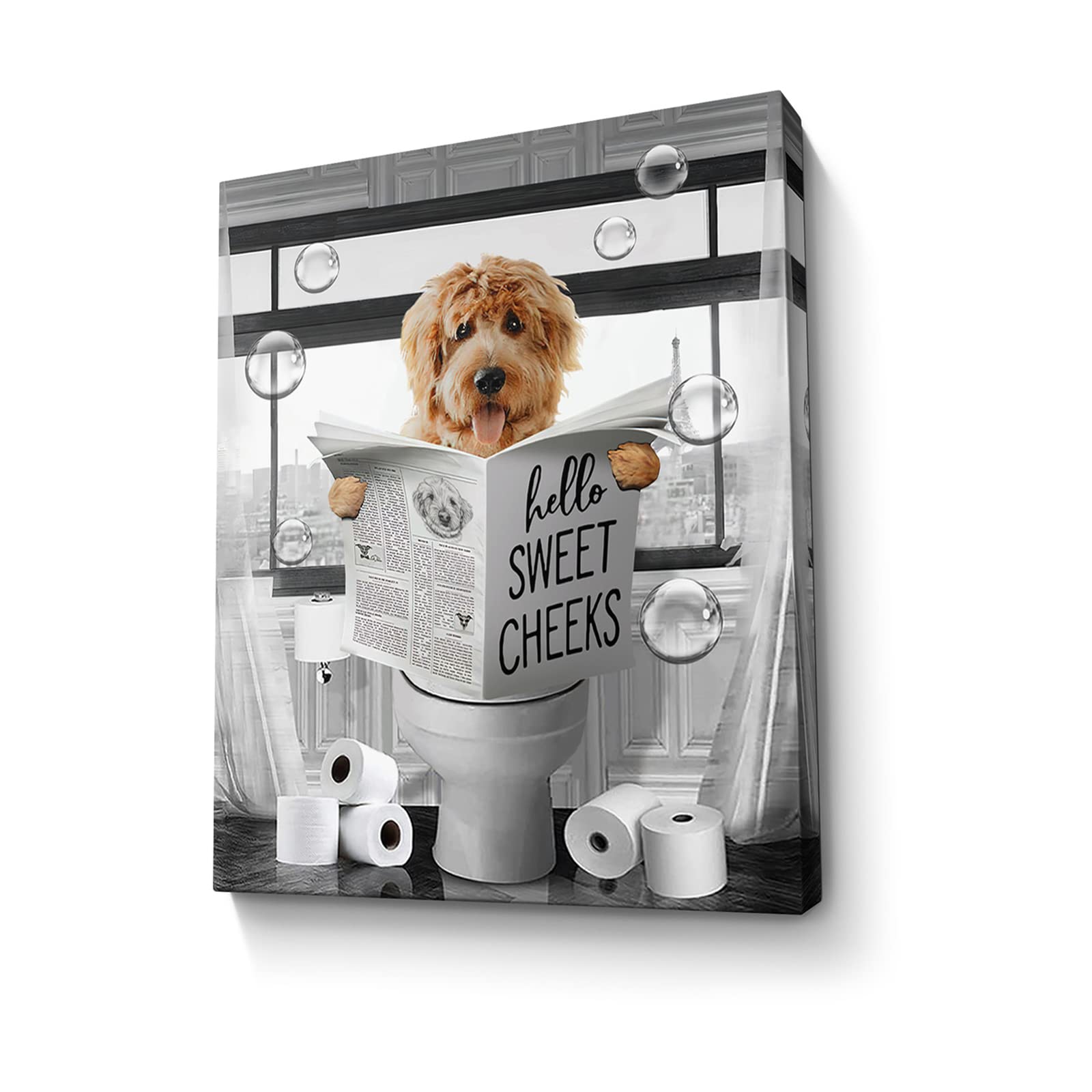 Funny Dog Wall Art Black And White Dog Bathroom Print Farmhouse Bathroom Animals Wall Decor Dog Sitting In Toilet Reading Newspa
