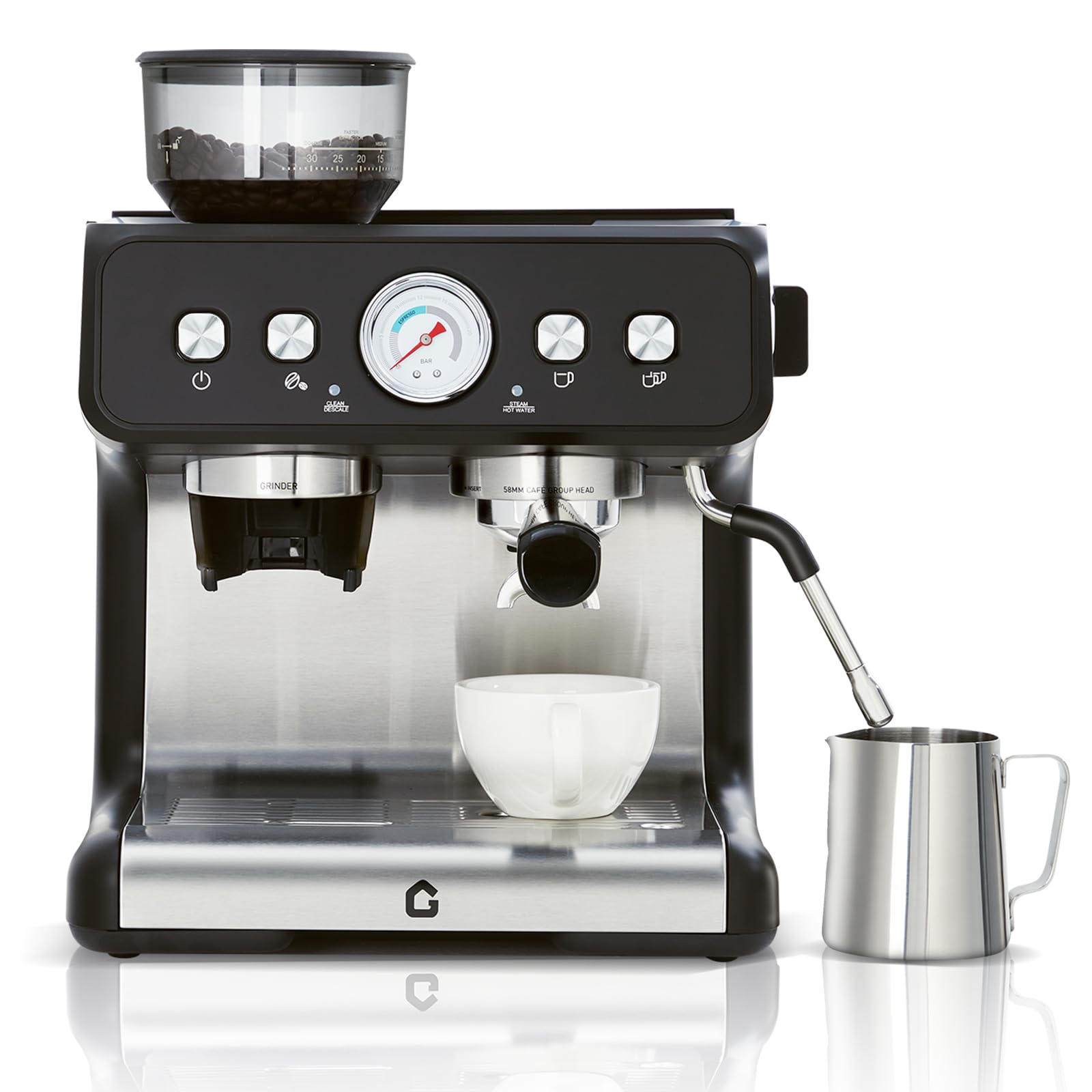Garvee Stainless Steel Espresso Machine with Grinder & 20 Bar Pressure, 2.8L Removable Water Tank, Milk Frother Steam Wand for L