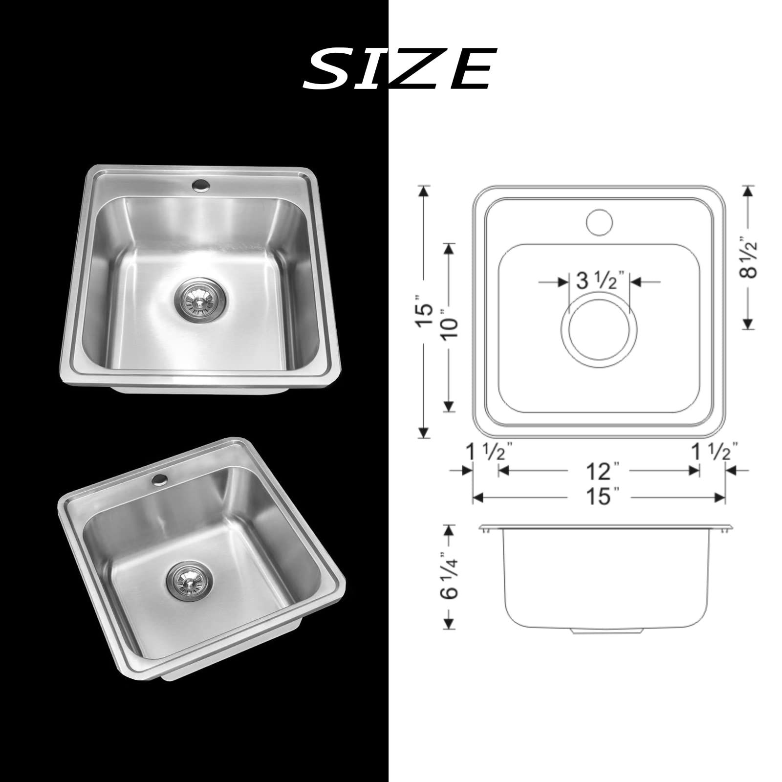 Wellssinkware 22 Guage Stainless Steel Rectangular Single Bowl Topmount Kitchen Bar Sink Package Cmt1515-6-1-Stainless Steel Kit