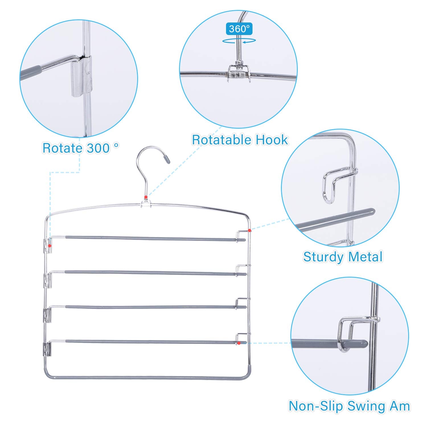 Feerahozer Pants Hangers Space Saving 3 Pack No Slip 5 Layers Multi Functional Pants Rack Stainless Steel Swing Arm Space Saver