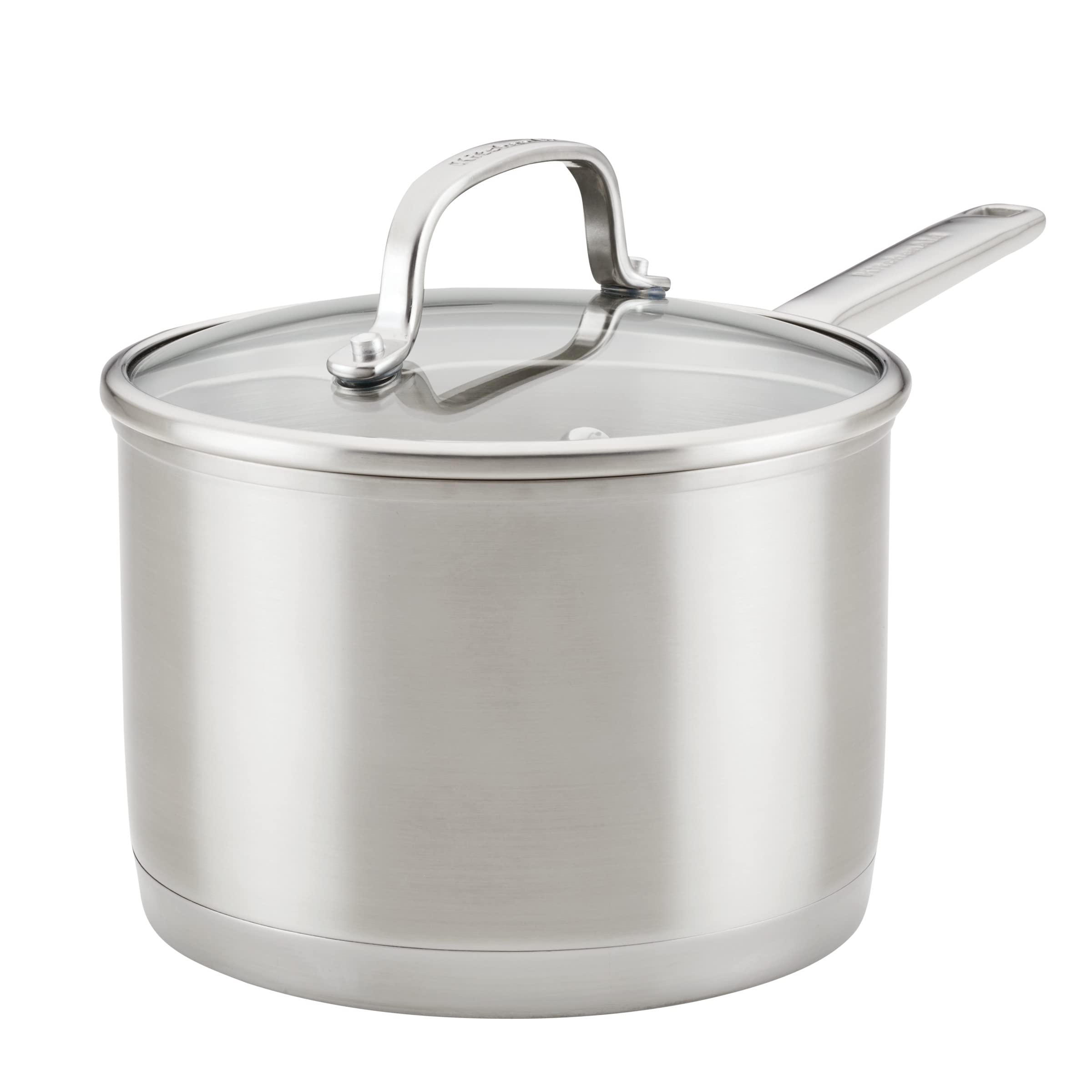 KitchenAid 3-Ply Base Brushed Stainless Steel Sauce Pan/Saucepan with Lid, 3 Quart - Brushed Stainless Steel