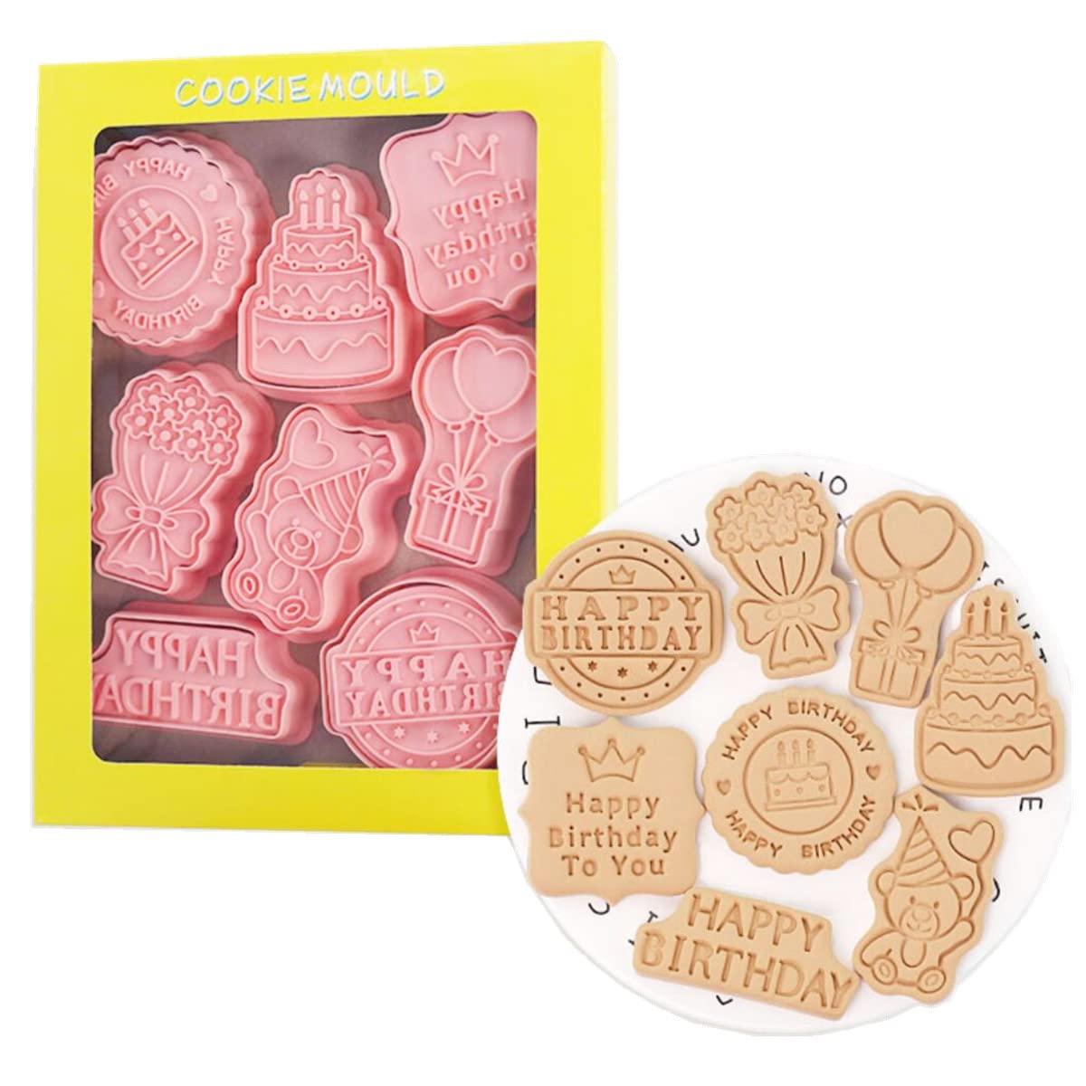 Happy Birthday Cookie Cutters,3D Birthday Cookie Press Cookie Moulds For Baking, Cookie Mould Press Birthday Cookie Mould Set Ki