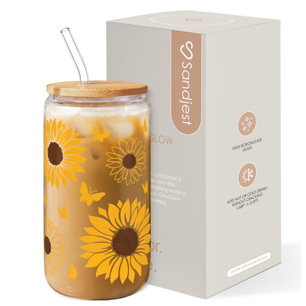 Sunflower Gifts for Women - Sunflower Cup 16 Oz Can Glass Coffee Cups with Bamboo Lid and Straw - Gift for Birthday