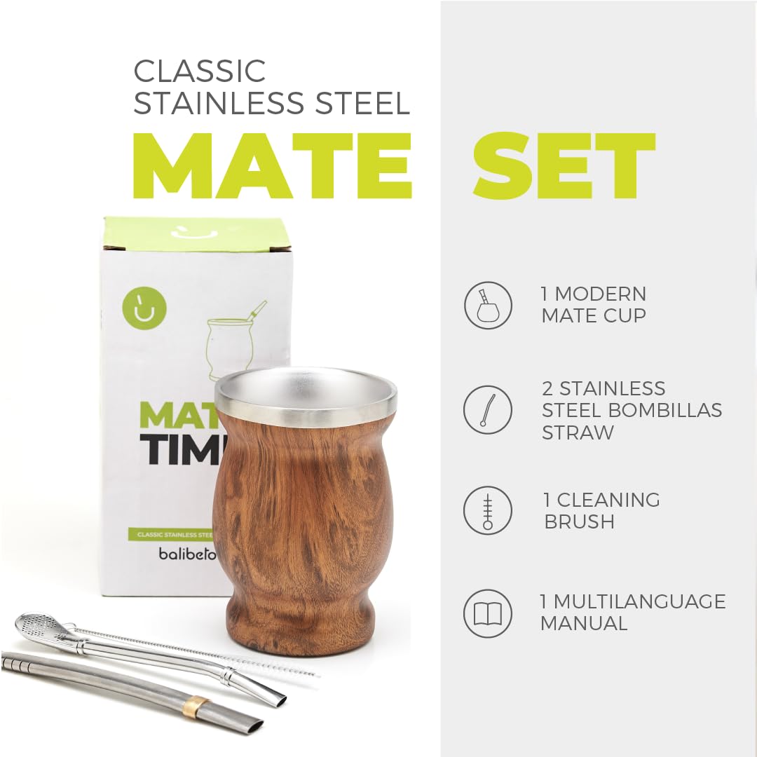 Balibetov Stainless Steel Double-Wall Mate Cup And Bombilla Set - Yerba Mate Set Includes One Yerba Mate Cup, 2 Bombillas Mate (