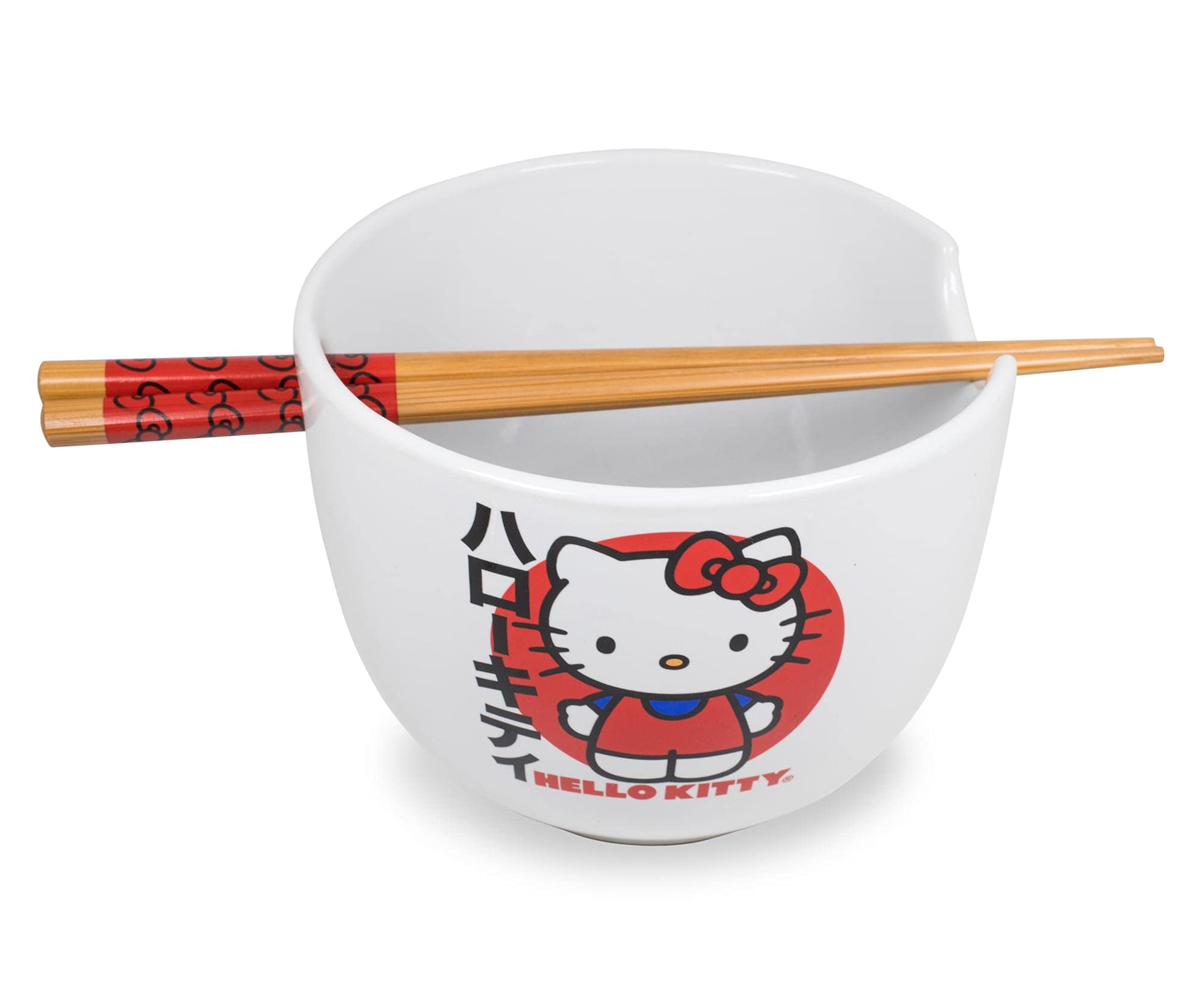 Silver Buffalo Sanrio Hello Kitty Japanese Ceramic Ramen Noodle Rice Bowl With Chopsticks, Microwave Safe, 20 Ounces