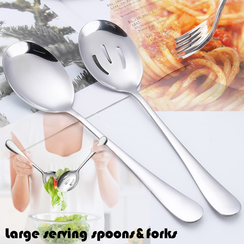 Iaxsee 10 Pcs Stainless Steel Serving Utensils, Large Serving Spoons Slotted Spoons, Serving Forks, Serving Tongs, Ice Suger Ton