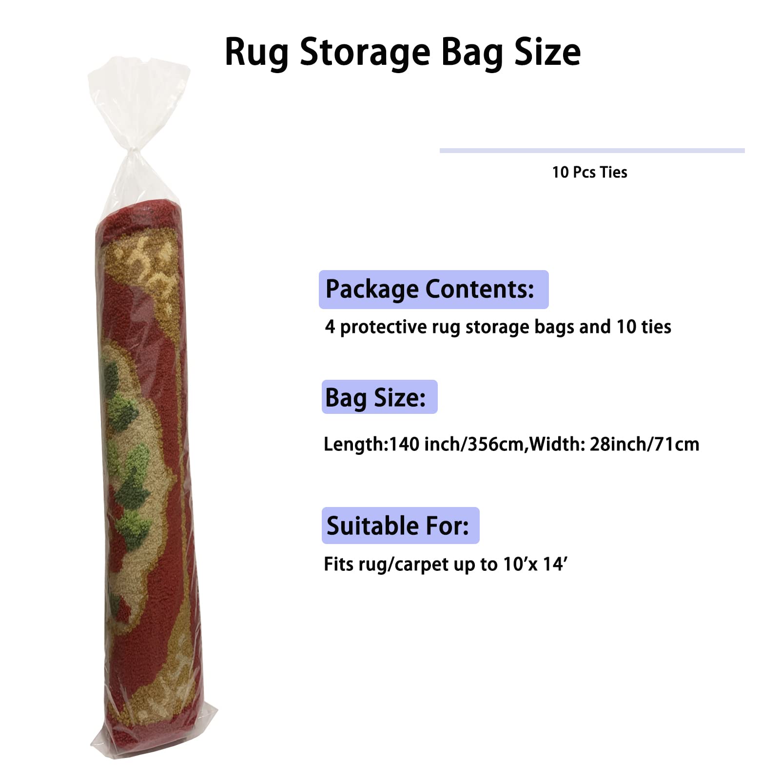 4 Pcs Large Plastic Rug Storage Bag With 10 Ties,Fits Rugs Up To 10'X14' Extra Large Clear Carpet Bag Moving Bag, Packing, Shipp