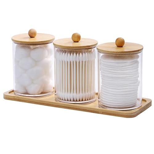 Tbestmax 10 Oz Cotton Swab/Ball/Pad Holder with Vanity Tray  Qtip Apothecary Jar  Clear Bathroom Containers Dispenser for Storage 3 Pack Wood Lids