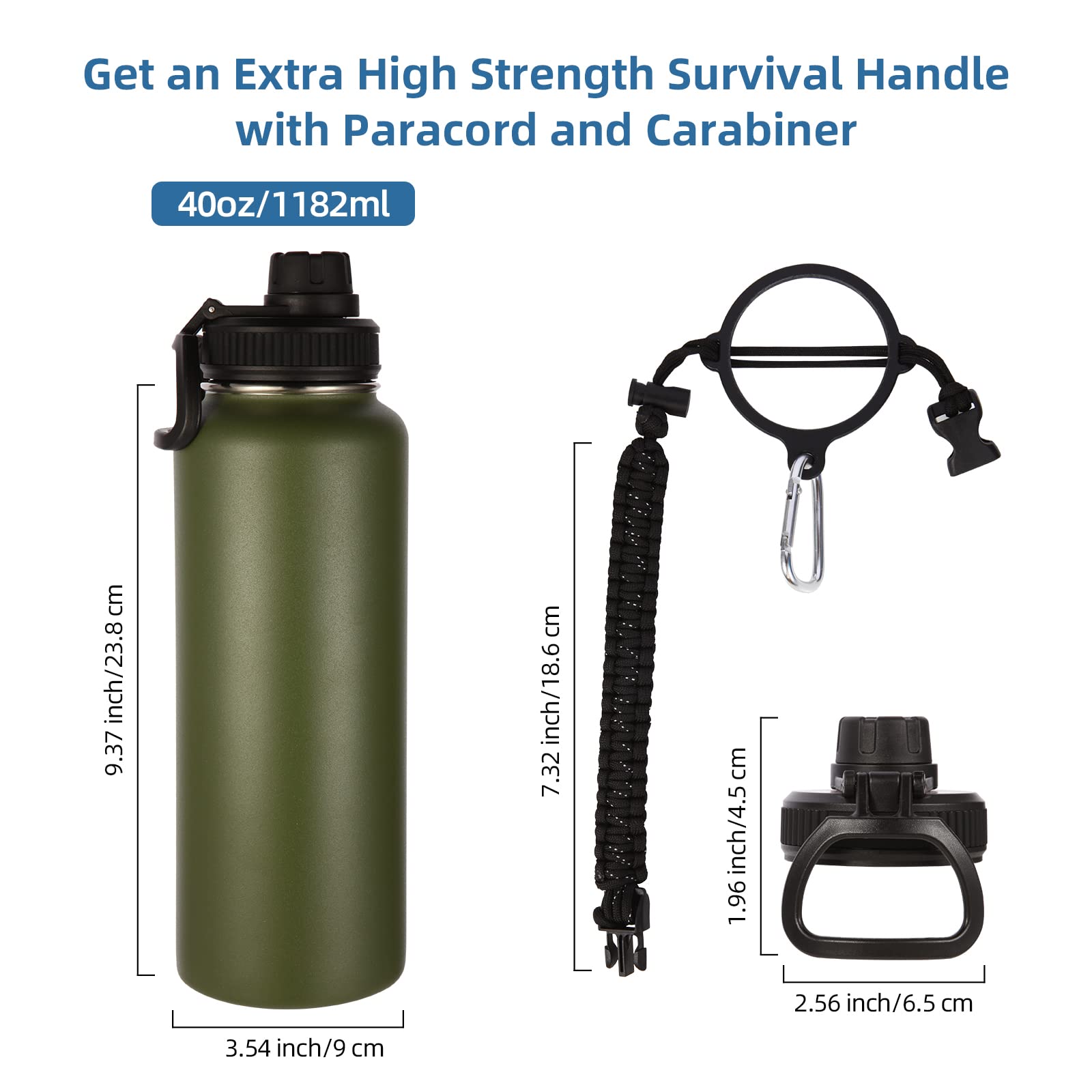 Volhoply 40 oz Insulated Water Bottles Paracord Handle  Stainless Steel Sports Bottle with Spout Lid  Reusable Double Walled Vacuum Metal Travel Thermos with Wide Mouth for Adults (Army Green  1 Set)