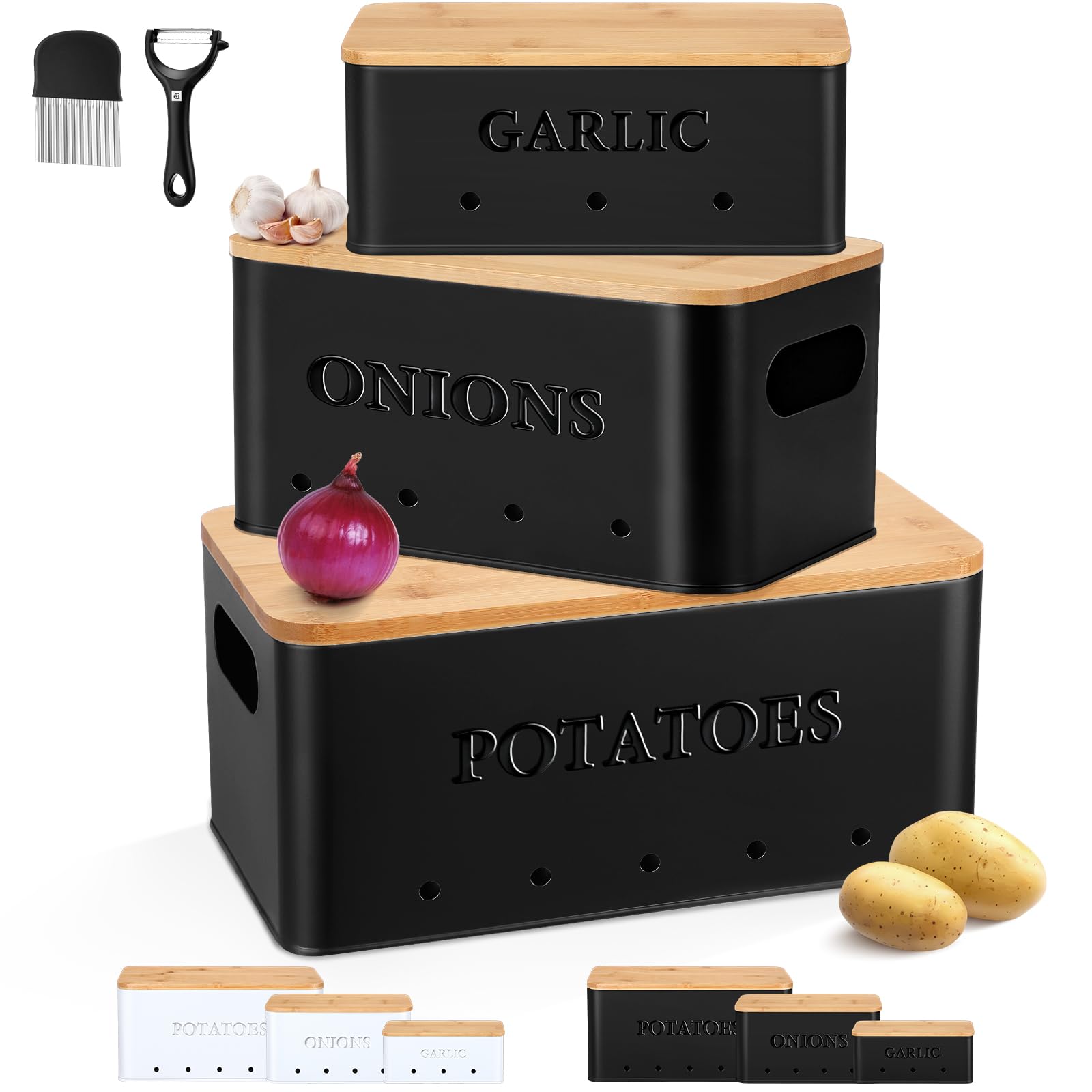Honeydak 3 Pcs Metal Potato Onion Garlic Storage Bins Set Black