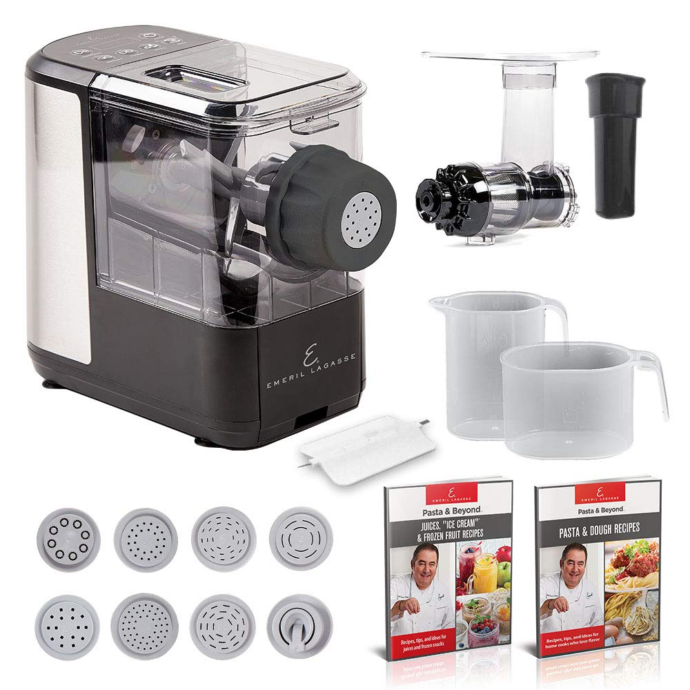 Emeril Lagasse Pasta & Beyond, Automatic Pasta And Noodle Maker With Slow Juicer - 8 Pasta Shaping Discs Black
