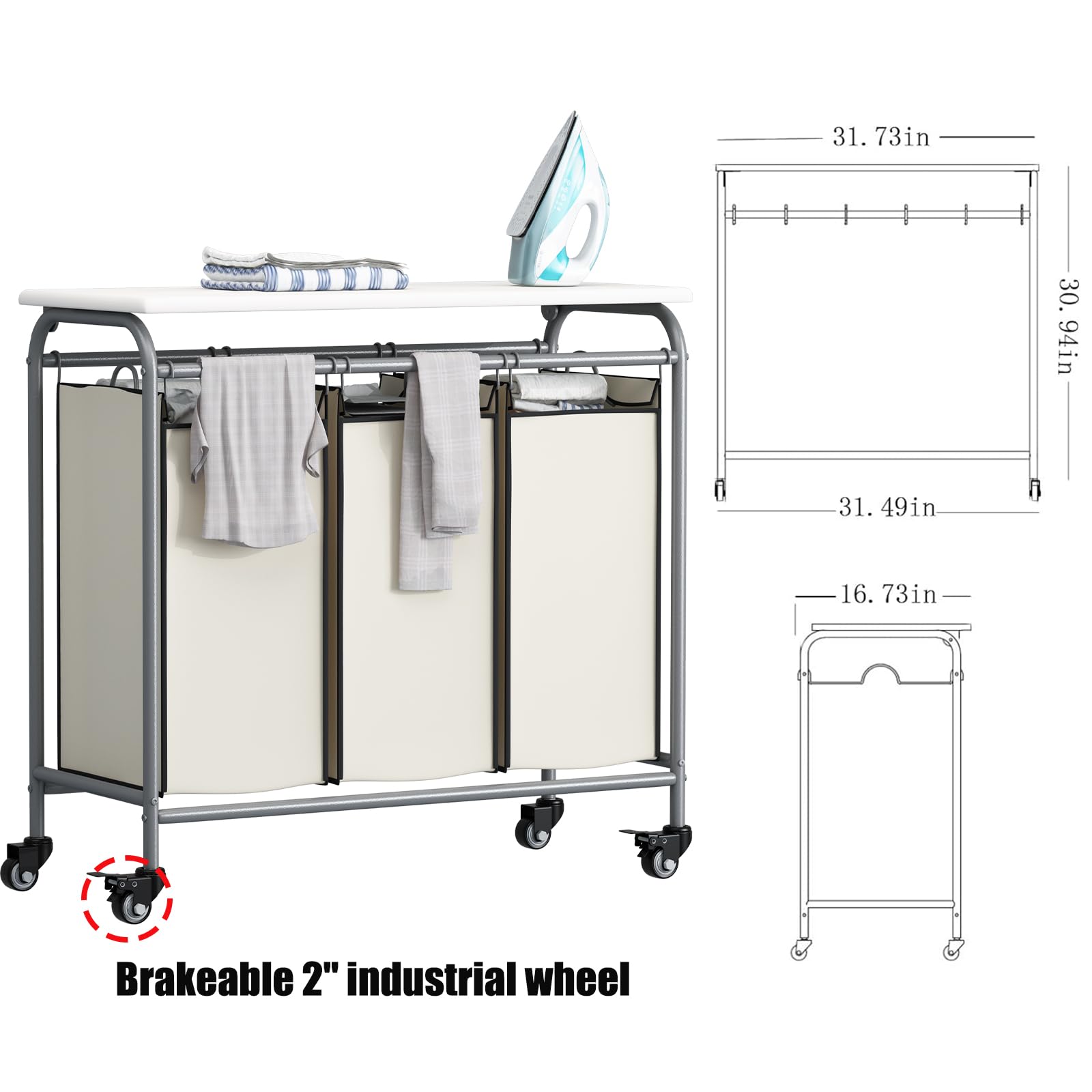 LINZINAR 3-Bag Laundry Sorter Cart with Ironing Board, Large, Black, Model AZ9000, Heavy Duty, Rolling with Lockable Wheels