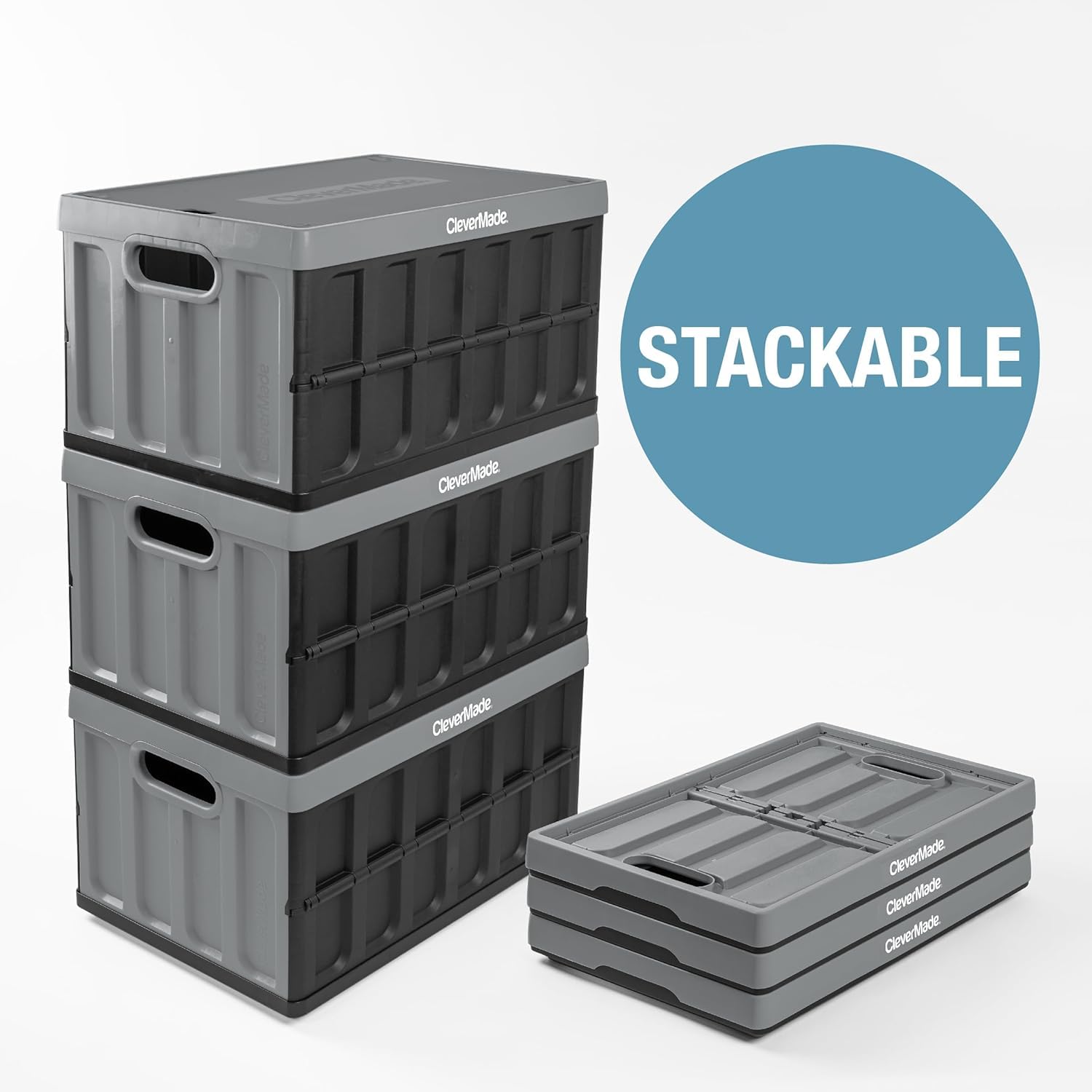 Clevermade Collapsible Storage Bin (With Lid), Stone, 3Pk - 62L (16 Gal) Folding Plastic Stackable Utility Crates, Holds 100Lbs