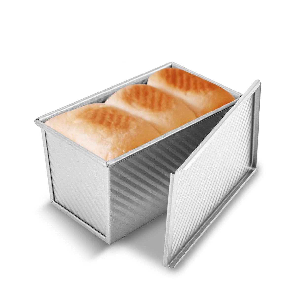 Kitessensu Pullman Loaf Pan With Lid, 1 Lb Dough Capacity Non-Stick Bakeware For Baking Bread, Carbon Steel Corrugated Bread Toa