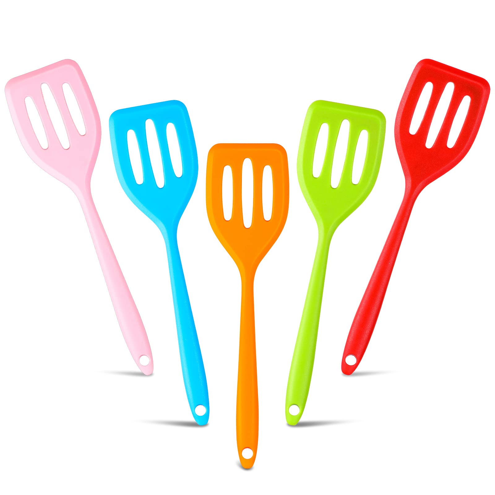 5 Pack small silicone turner high heat resistant slotted spatula fish set flipper mini serving cooking (Red Blue Green Orange Pi