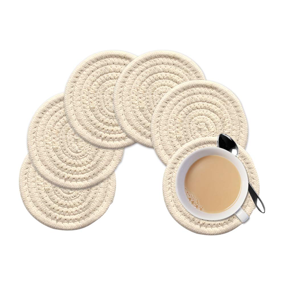 Gracelife 6Pcs Cup Mat Pure Cotton Thread Weave Round Drink Hot Pads Mats Set Absorbent Scald-Proof Drink Coasters (Beige)