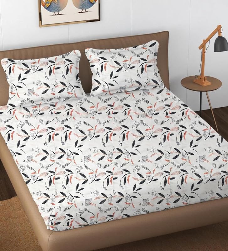 Linenaffairs Bedsheet Bed With 2 Pillow Covers 100% Cotton 144 Tc |Chadar - Flat Sheet With 2 Pillow Covers - Black Leaf_Double