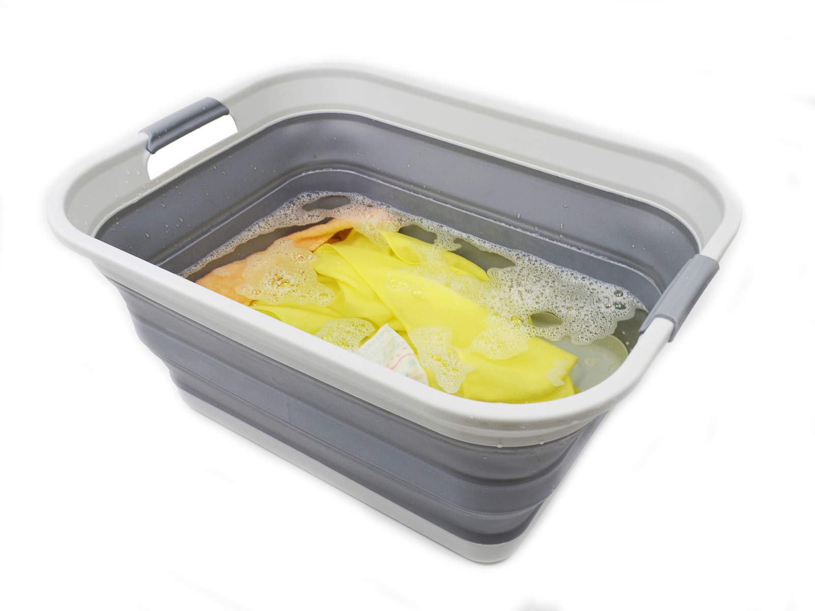 SAMMART 42L(11 gallon) Collapsible Plastic Laundry Basket-Foldable Pop Up Storage Container/Organizer-Portable Washing Tub-Space Saving Water capacity 34L(9 gallon) (1 Rectangular - strengthen  Grey)