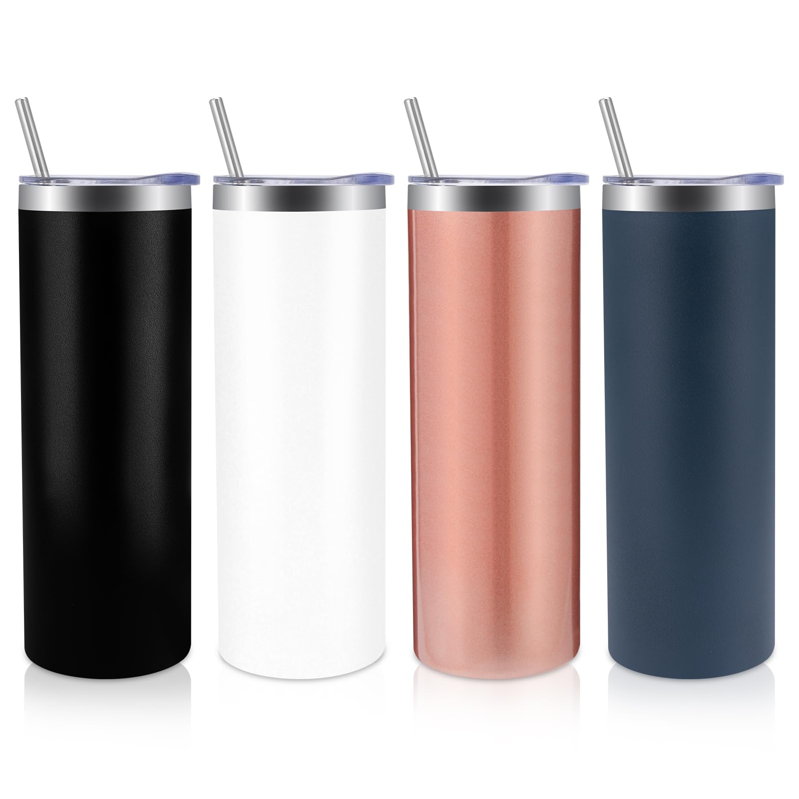 Volhoply 4 Pack Skinny Tumblers with Lid and Straw, 20oz Stainless Steel Straight Tumbler Bulk, Vacuum Insulated Coffee Mug for 