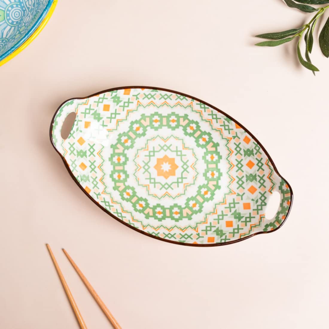 Nestasia Green Criss-Cross Ceramic Long Dish with Handles for Serving Snacks, Appetizers, Salads, and Noodles| Microwave Safe, D