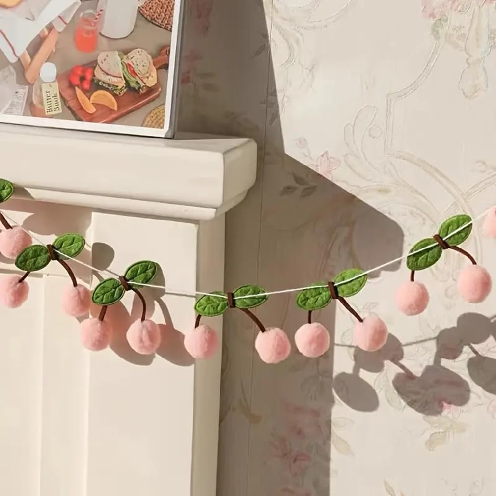 TOTIEJFJ Pink Cherry Garland Decoration (3string X 6.6ft) - DIY Pom Pom Fruit Cherry Hanging for Kids Bedroom Kitchen Decoration