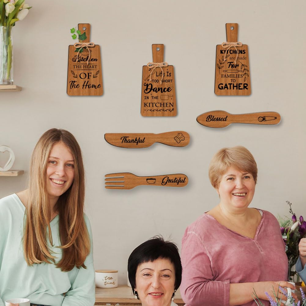 PH PandaHall 6pcs Kitchen Wooden Sign, Wall Decor Eat Wood Cutting Board Sign Dining Sign Farmhouse Tiered Tray Wall Art Rustic