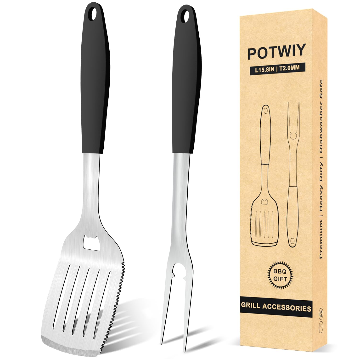 Potwiy Grill Tools Bbq Accessories Set Of 2, 15.8'' Heavy Duty Stainless Steel Grill Utensils With Grill Spatula And Fork, Full