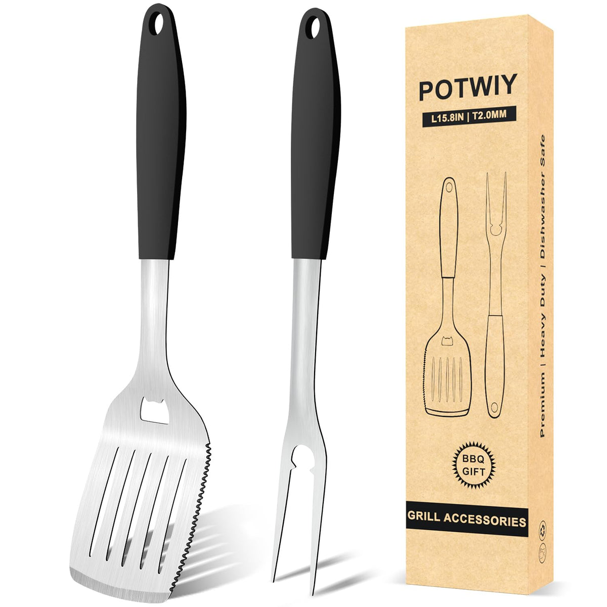 Potwiy Grill Tools Bbq Accessories Set Of 2, 15.8'' Heavy Duty Stainless Steel Grill Utensils With Grill Spatula And Fork, Full