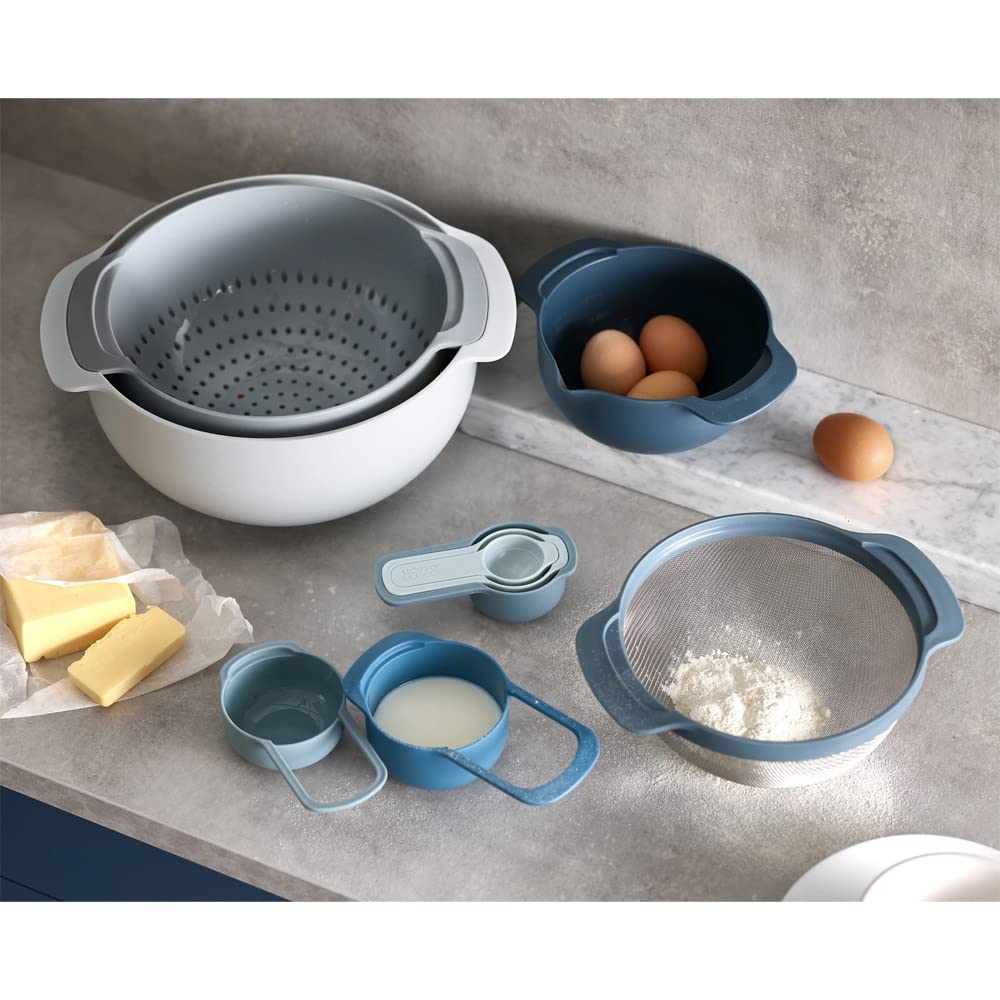 Joseph Joseph 9 Nesting Set With Mixing Bowls Measuring Cups Sieve Colander, 9-Piece, Sky,Blue