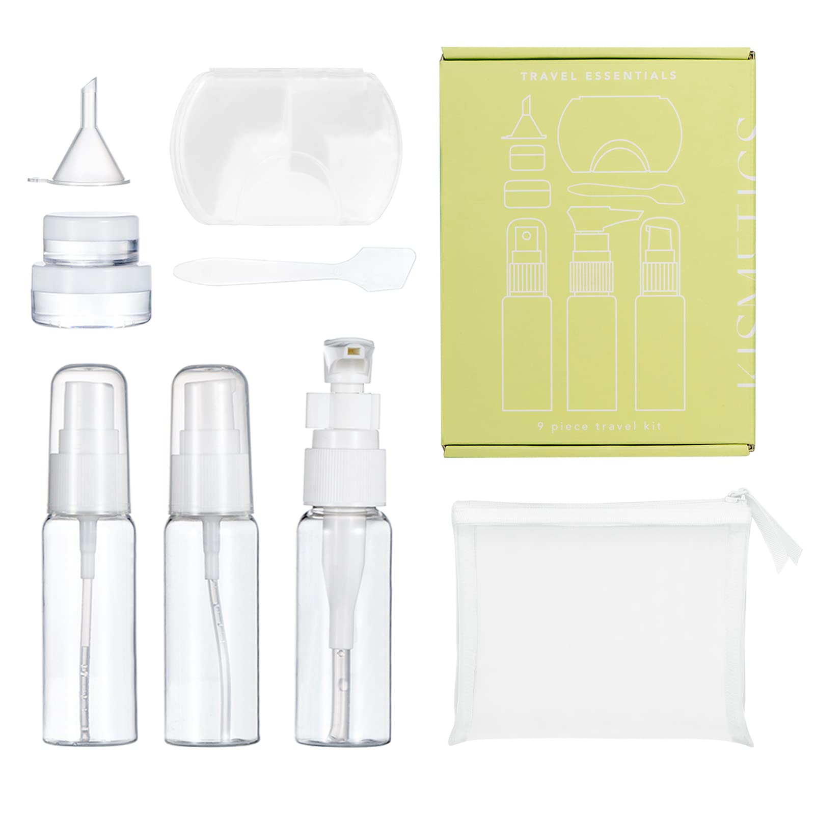 Kismetics Travel Essestials 9 Piece Travel Kit, Tsa Airline Carry-On Approved Size, Travel Bottles, Pill Case And Toiletry Bag K