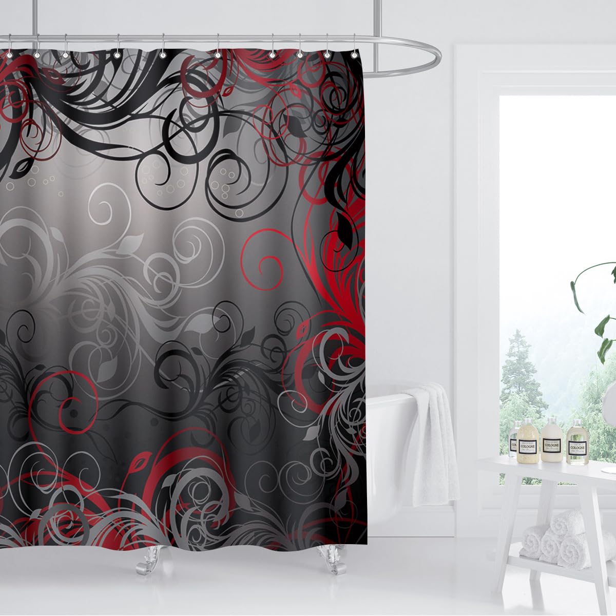 Zxmbf Red And Black Shower Curtain Mystic Magical Forest Modern Inspired Floral Swirls Leaves Bath Curtain Waterproof Fabric Bat
