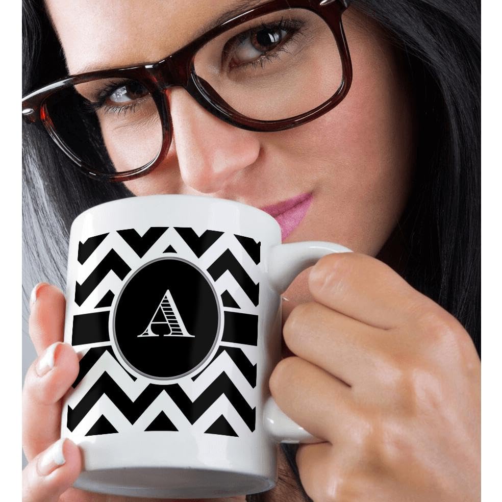 3Drose Pink And Grey Chevron Monogram Initial W Mug, 15 Oz, Black/White