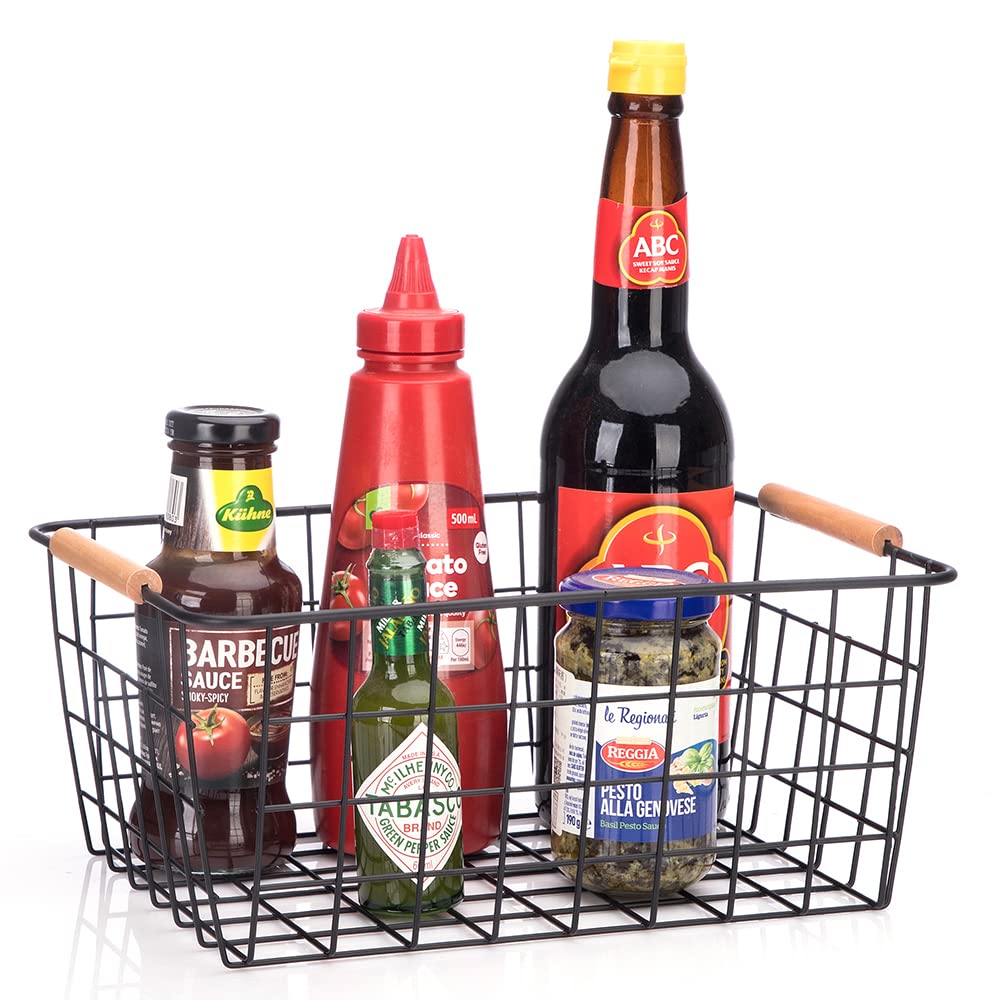 Lelecat Wire Baskets With Wooden Handles, Wire Storage Organizer Baskets , Household Refrigerator For Cabinets, Pantry, Closets,