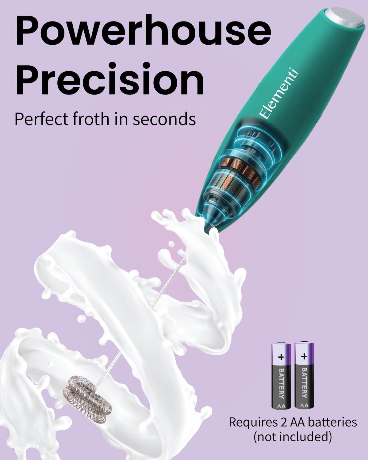 Elementi Milk Frother Handheld Double Whisk - Matcha Whisk & Drink Mixer Handheld - Matcha Frother Wand & Matcha Mixer - Protein Mixer & Electric Whisk For Coffee (Emerald Green)