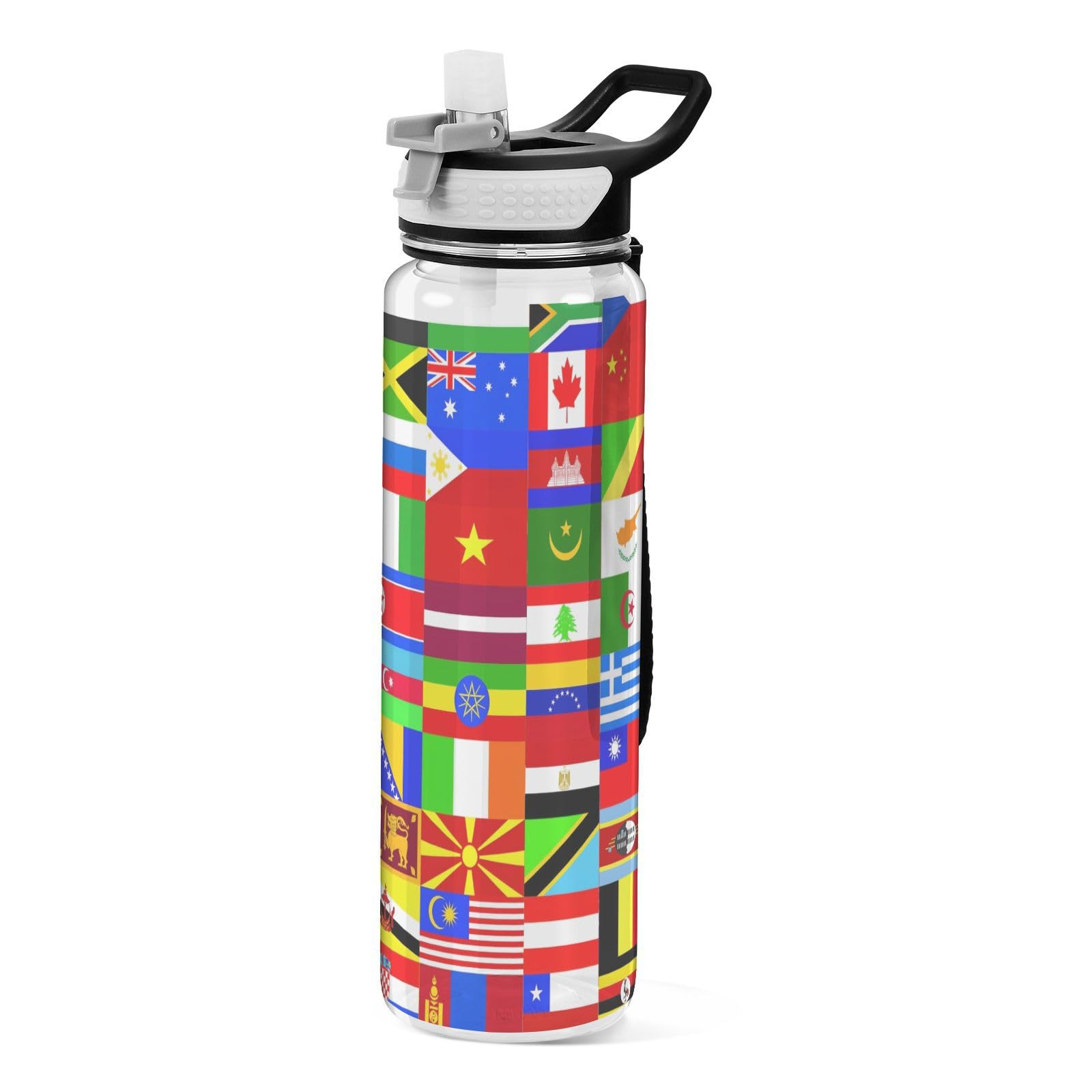 SUABO World Flag Print Pattern Water Bottles with Straw Sports Bottle Large Water Bottle with Handle Perfect for Fitness Gym Cam